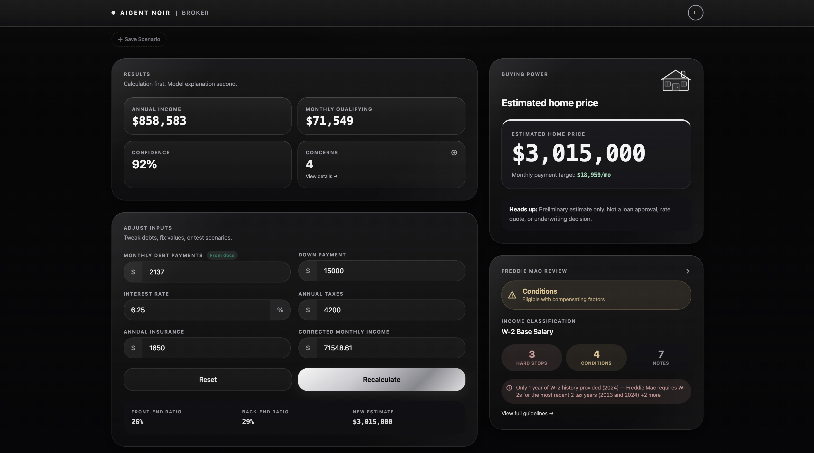 AIGENT NOIR Broker qualification dashboard showing income analysis, buying power estimate, and Freddie Mac compliance review